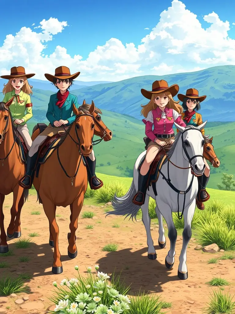 A vibrant image of a group of riders participating in a Western riding clinic on the Plateau de Millevaches, showcasing diverse ages and skill levels, with instructors providing guidance.
