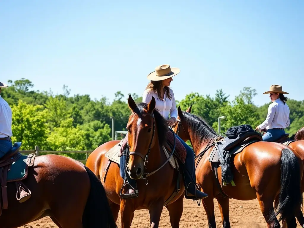 A group of riders participating in a western riding clinic, focusing on horsemanship skills in a sunny outdoor arena at ASSOCIATION WESTERN DU PLATEAU DE MILLEVACHES.