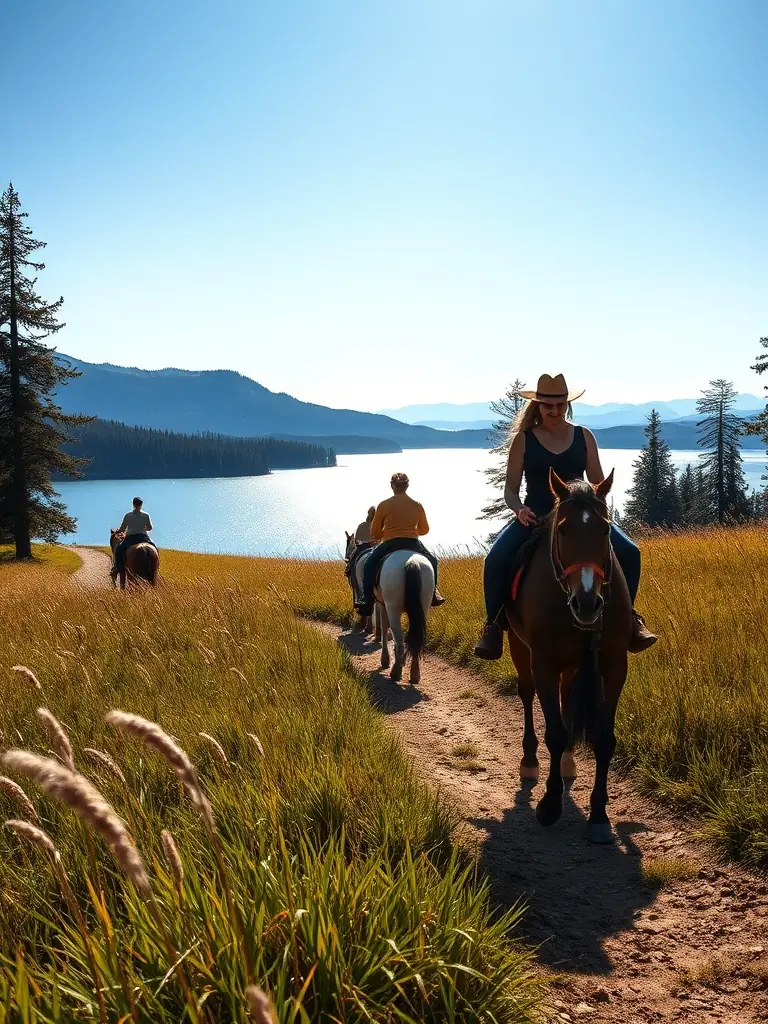 A scenic view of a group of riders on a guided trail ride through the Plateau de Millevaches, highlighting the natural beauty of the region.