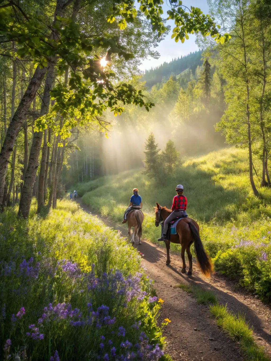 A scenic view of riders enjoying a trail ride through the Plateau de Millevaches, highlighting the beautiful landscapes and riding opportunities.