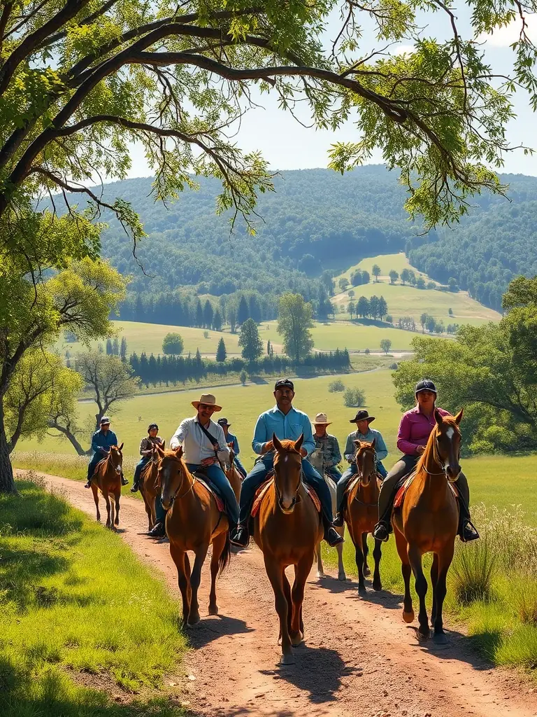 A heartwarming photo of a community trail ride, featuring riders of all ages enjoying the natural beauty of the Plateau de Millevaches.