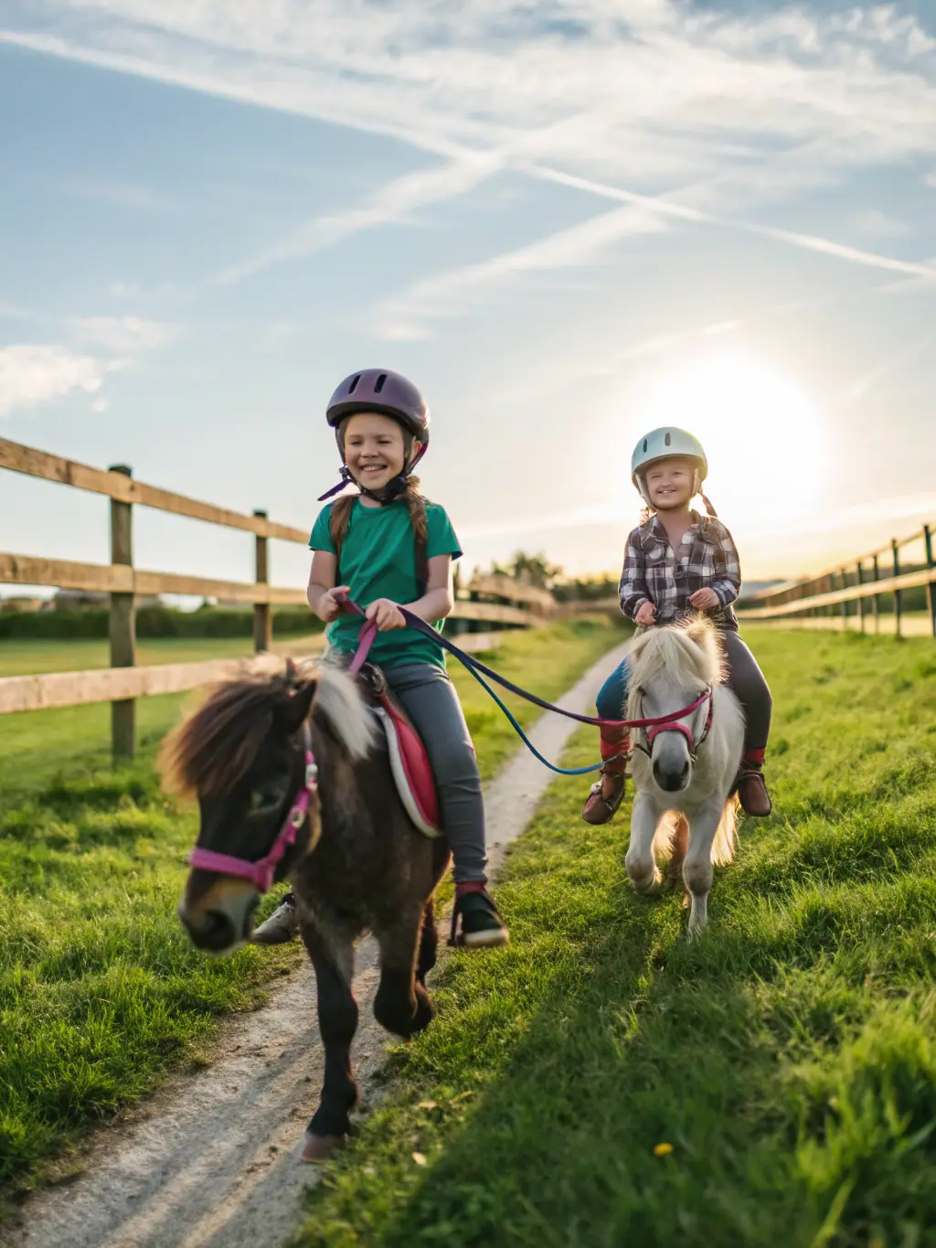 A heartwarming image of children participating in a pony riding session, supervised by experienced volunteers, emphasizing safety and fun.